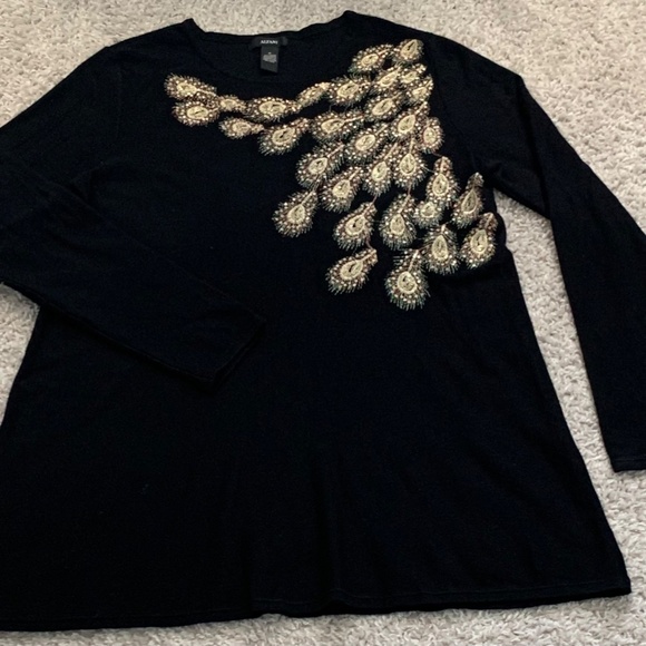 Alfani Black and Gold Peacock Feather Long Sleeve Top Medium - Picture 8 of 8
